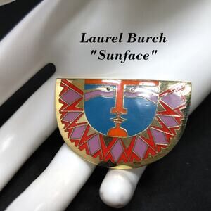 Laurel Burch Sunface Brooch Enamel Gold Cloisonné Face Pin 1980s Vintage